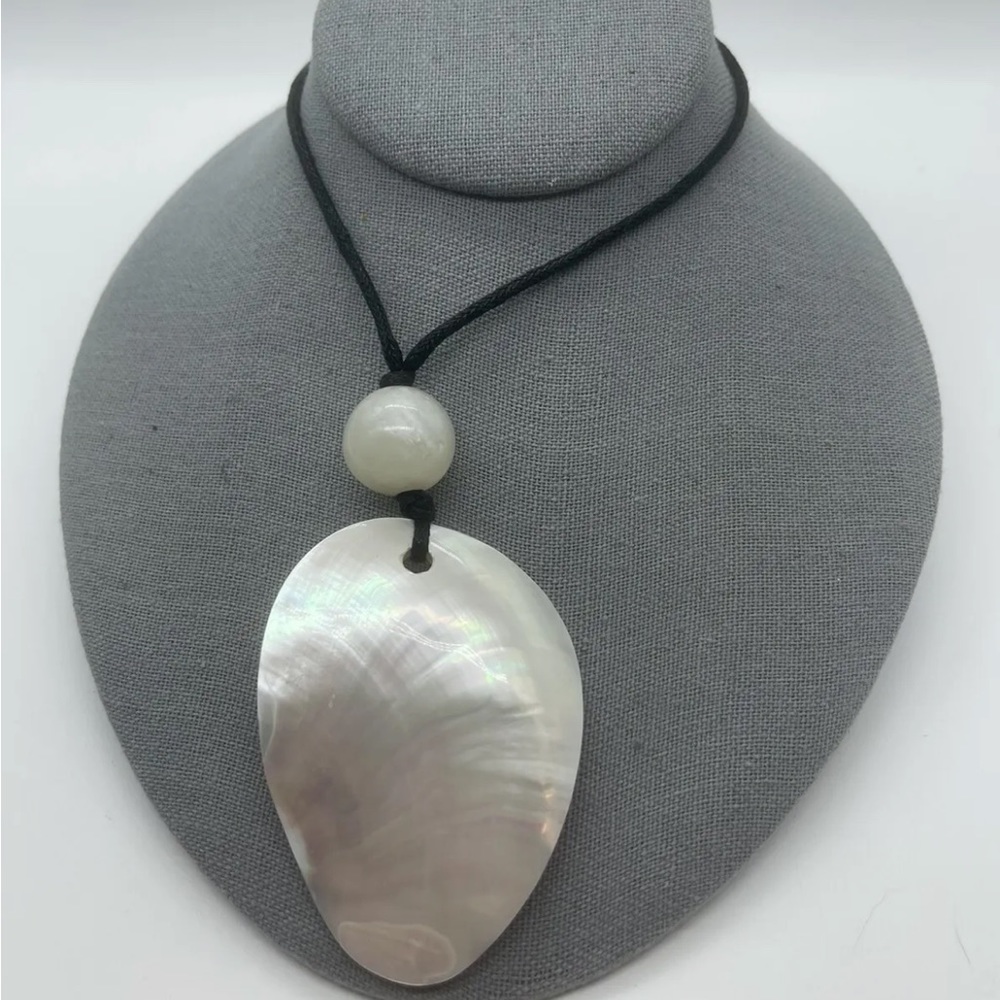 Vintage Large Mother of Pearl Abalone Pendant Black Thong Necklace